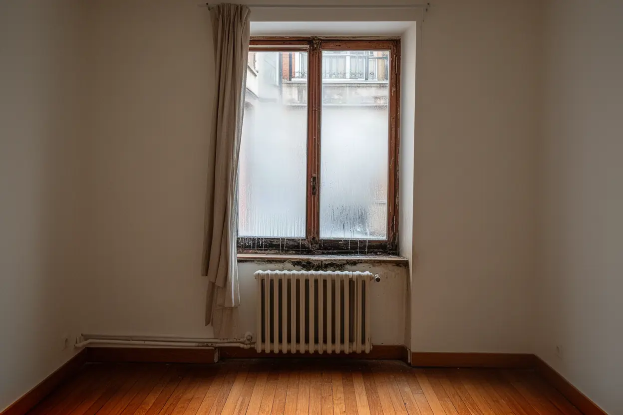Fenêtre couverte de buée et condensation à Toulouse