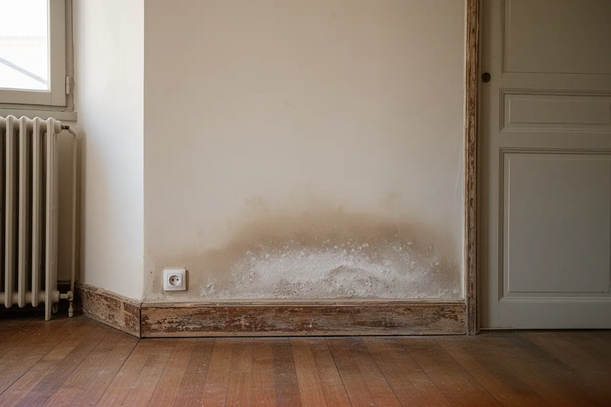 Mur humide avec traces de salpêtre à Pibrac