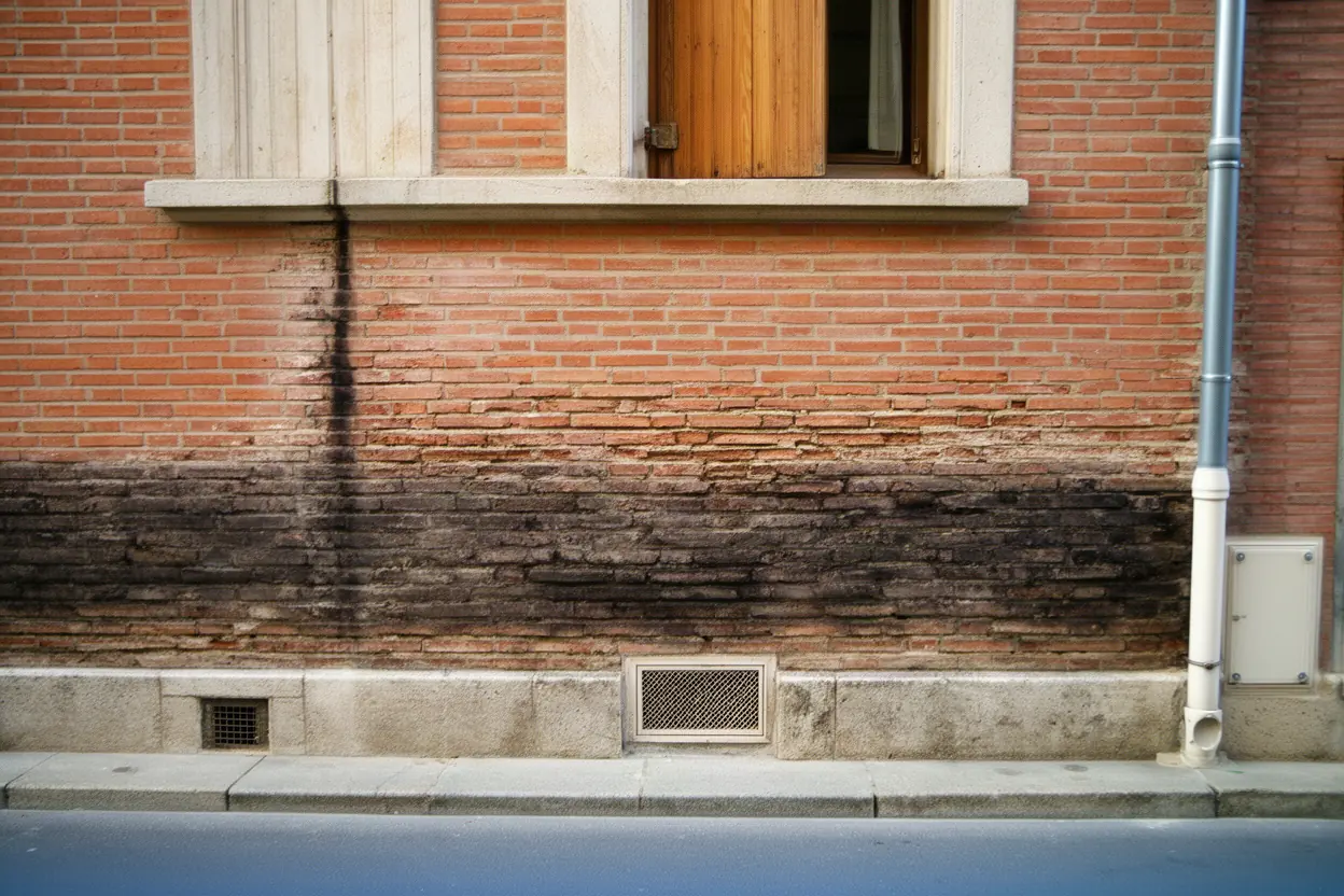 Façade en brique foraine tachée par une infiltration d'eau à Toulouse