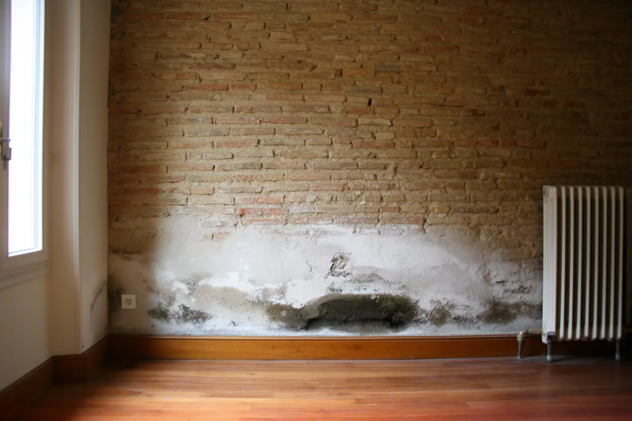 Mur humide avec salpêtre avant traitement à Labège