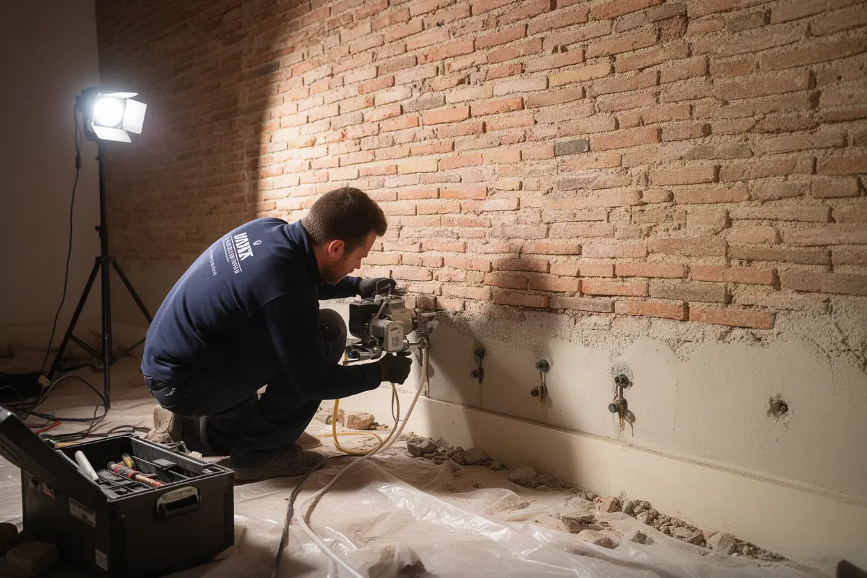 Technicien injectant de la résine dans un mur humide à Pibrac